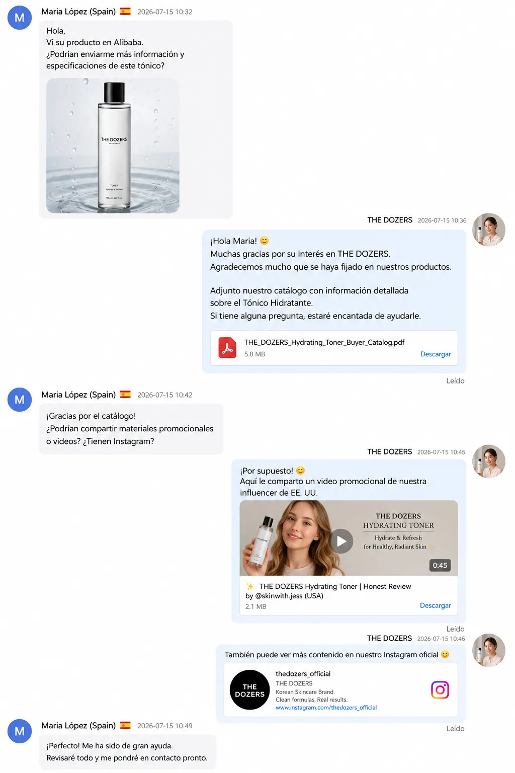 스페인 바이어와 카탈로그·프로모션 영상을 주고받은 WhatsApp 대화 화면