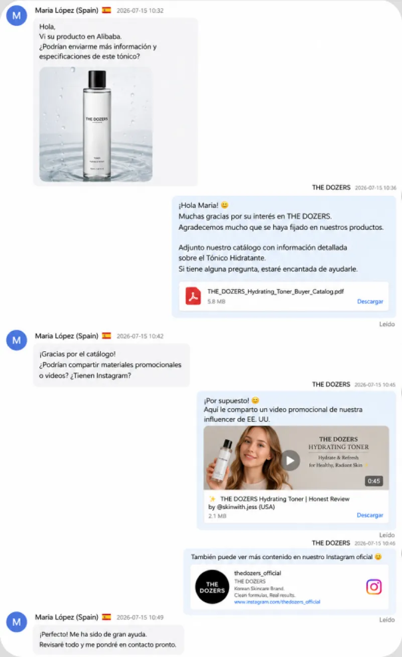 스페인 바이어와 카탈로그·프로모션 영상을 주고받은 WhatsApp 대화 화면